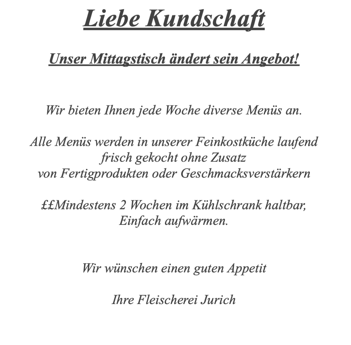 Mittagstisch der Fleischerei Jurich